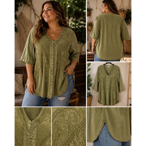 Tops - Embroidered Tunic OS Bohemian Olive Green Gold Soutache Top